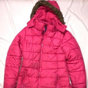 Girls Winter Snow Ski Jacket Pink Size 14/16 Hooded w/Fur by Falls Creek EUC